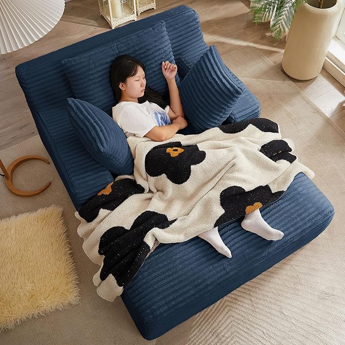 67 Inch Boneless Couch Oversized Chaise Lounge Sofa Corduroy Chaise Lounge Chair Indoor with Comfy Pillows for Living Room Bedroom Foam Filling No Assembly (Blue)
