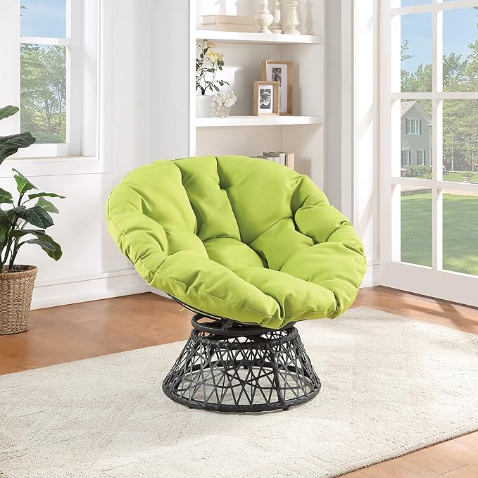 OSP Home Furnishings Wicker Papasan Chair with 360-Degree Swivel Grey Frame with Green Cushion