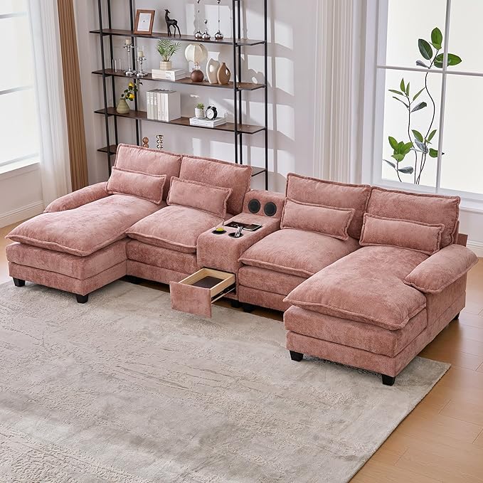 126 Modular Sectional Sofa with Storage Console Cloud Couch Chenille U-Shaped Sofa Cup Holders &amp Wireless Charger Memory Foam Double Chaise for Living Room Office Pink