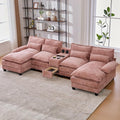 126 Modular Sectional Sofa with Storage Console Cloud Couch Chenille U-Shaped Sofa Cup Holders &amp Wireless Charger Memory Foam Double Chaise for Living Room Office Pink