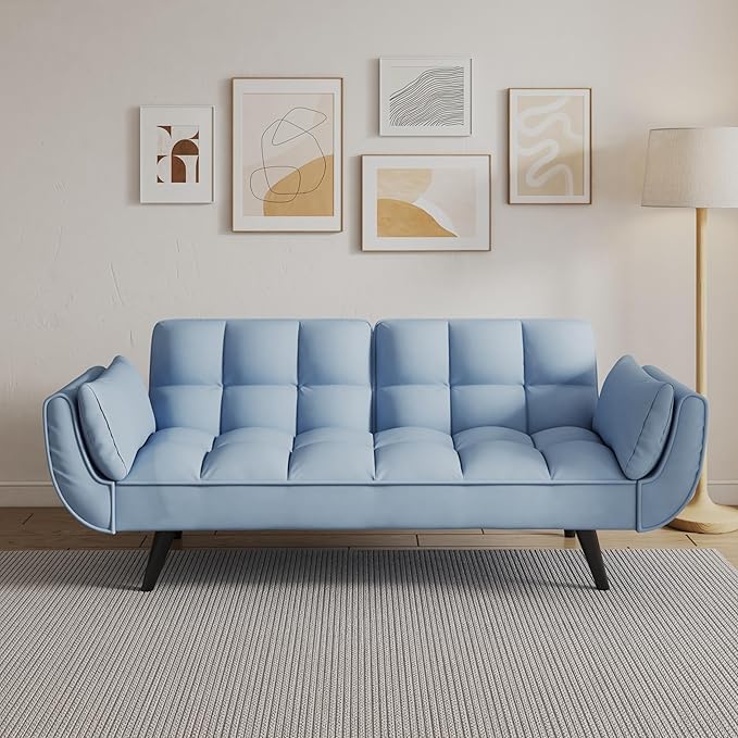 Olela Futon Sofa Bed Convertible Sleeper Couch 74 W Modern Velvet Loveseat with Adjustable Backrests and Solid Wood Legs for Living Room Bedroom Small Space (Light Teal)