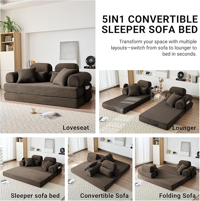 79 Boneless Couch with High Backrest Headrest Comfy Modular Foldable Floor Sleeper Sofa 5-in-1 Convertible Sofa Bed for Living Room Bedroom Lounge Studio Brown