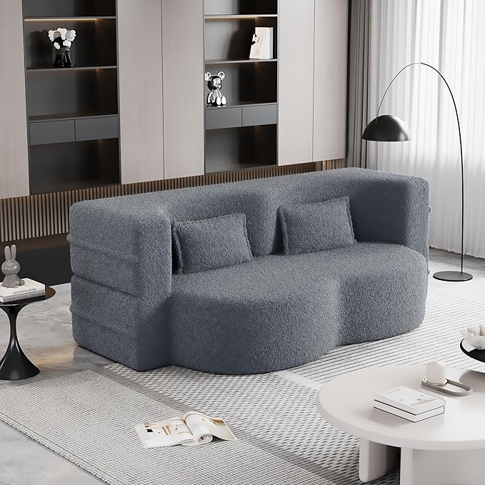 Floor Sofa Futon Cloud Couch Convertible Sofa Bed with 2 Pillows Teddy Fabric Foam-Filled Loveseat Sleeper Sofa Couches for Living Room 15 Full Size Folding Mattress No Assembly Required(Grey)