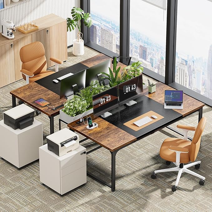 Huuger 63 x 31.5 inch Desk with Power Outlets &amp USB-C 1.2 Inch Thicker Desktop Robust Metal Tubes Deep Computer Desk Heavy Duty Office Desk Work Desk Rustic Brown and Black
