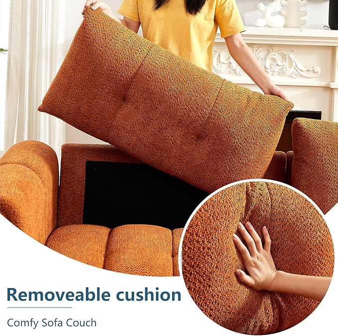 91.5 Sofa Couch w/Medium Firm Seat Cushion Tufted BackCloud Loveseat w/Deep Seats &amp Chenille Fabric 3 Seater Sofa for Living Room Apartment Lounge Office (Orange)