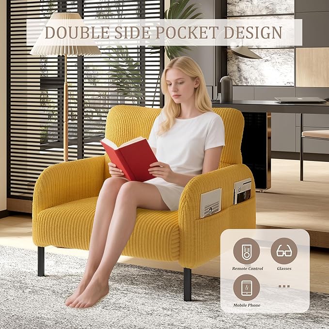 Yellow Accent Chair - Corduroy Living Room Chairs with Side Storage Pockets and Durable Legs Comfy Arm Reading Chair with Soft Backrest for Bedroom Balcony Study Room