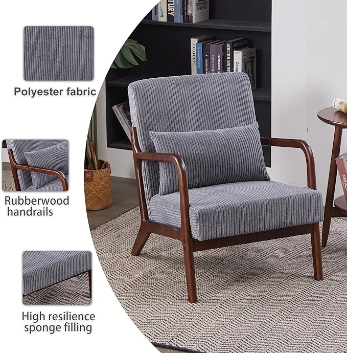 Mid Century Modern Accent Chair Upholstered Corduroy Armchair with Lumbar Pillow Solid Rubberwood Frame for Living Room Bedroom Waiting RoomDark Grey
