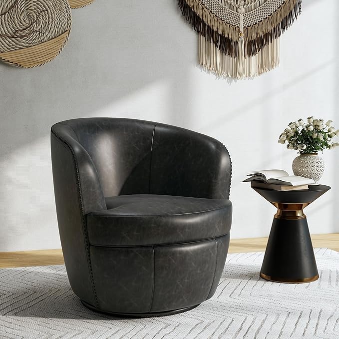 Swivel Barrel Chair Modern Round PU Leather Accent Armchair for Living Room Bedroom Comfy Club Reading Chairs for Adults (Leather Black Grey Set of 1)