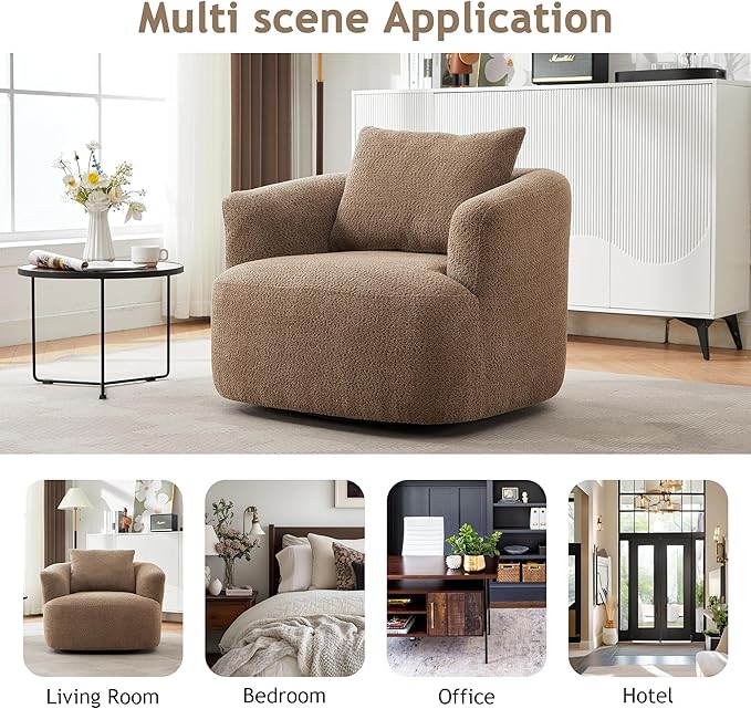 360° Swivel Chair 38.2 Accent Chair Sofa Upholstered Swivel Barrel Sofa Chair with a Throw Pillow for Living Room Bedroom Office and Hotel Dark Brown