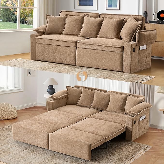 82.7’’ King Size Pull Out Sofa Bed 3 in 1 Convertible Sleeper Sofa Bed with Futon Sofa  Chenille Loveseat Couch Bed with USB Ports and Storage Pockets for Living RoomBedroom Pet-Friendly (Khaki)