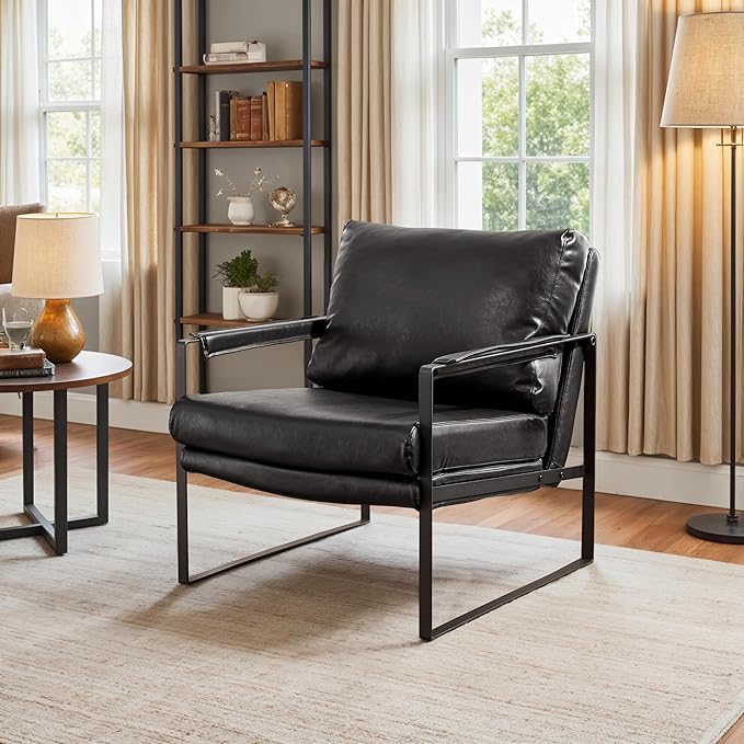 Art Leon Mid Century Modern Accent Chair Faux Leather Armchair with Black Metal Legs Single Lounge Side Chair for Living Room Bedroom Small Spaces Black
