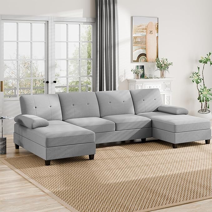 Nuturelly Nutually Sectional Couches for Living Room Convertible U-Shaped Sofa Couch with Double Chaise 4 Seat Sofa Set Modular Sofa Couch with Linen Fabric for Apartment Light Gray