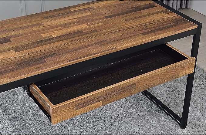 HOMES: Inside + Out Siggers Industrial 1-Drawer Metal USB Port 51 in. Desk for Study Room Home Office Living Room Sand Black and Natural Brown