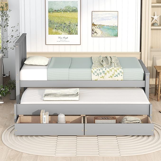 Merax Classic Solid Wooden Bed Farme with Trundle Bed and Drawers Storage Sofa Bed for Living Room Bedroom Guest Room Space SavingGray