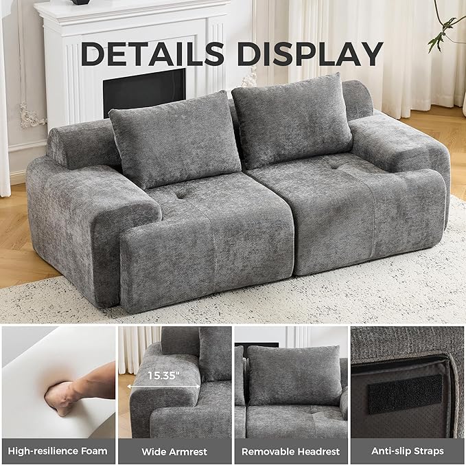 Modular Sectional Sofa Chenille Upholstered Boneless Couch Modern Deep Seat Cloud Sectional Couches for Living Room 85 Loveseat Apartment Sofa No Assembly Grey