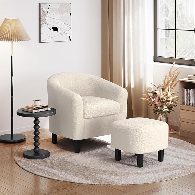 Yaheetech Accent Chair and Ottoman Set Modern Fuzzy Sherpa Barrel Chair and Footrest Comfy Boucle Armchair and Footstool for Living Room/Bedroom/Reading Room/Guestroom Ivory
