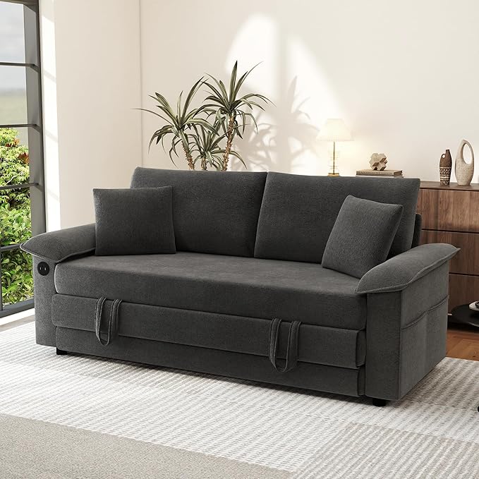 SUNWAVE Oversized Loveseat Sleeper Sofa 77 Convertible Sofa Bed 2-Seat Pull Out Couch w/USB Chenille Queen Folding Sofa Bed for Living Room Small Spaces Bedroom (Black)