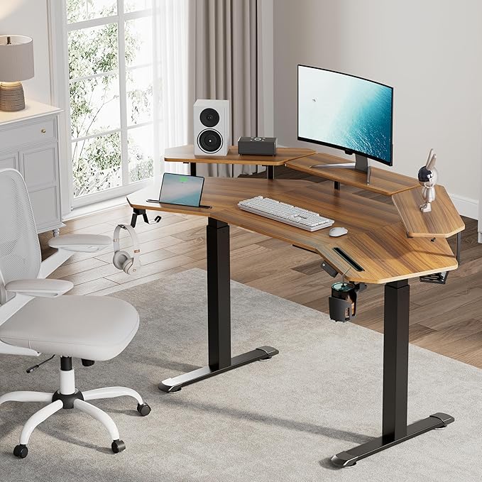 EUREKA ERGONOMIC Standing Gaming Desk with Dual Motor63 Wing Shaped Computer Desk w Mouse Pad Electric Adjustable Height Table w LED Monitor StandsSlot DesignWalnut