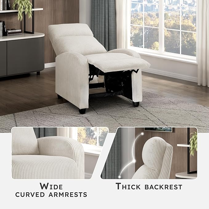 Lexicon Corduroy Pushback Recliner Chair Armchair Push Back Recliner Solid Wood Frame and Metal Base Easy Assembly Small Soft Single Sofa Accent Chair for Living Room/Office/Apartment Beige