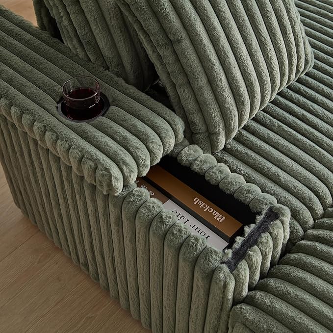 84 W Double Chaise Lounge Chair Indoor Oversized 3 Seater Sleeper Sofa Bed with 2 Ottoman Upholstered Deep Seat Corduroy Couch with 2 Storage Armrests &amp Cup Holder for Living Room Apartment G