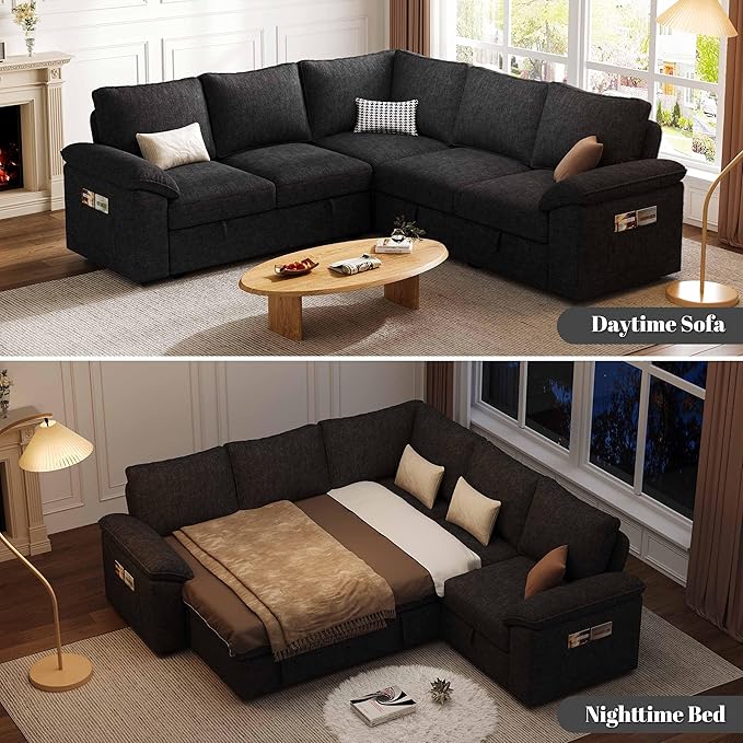 85 Inch Modular Sectional Sofa with Pull Out Bed L Shaped 5 Seat Sectional Sleeper Sofa with Storage Sectional Couches for Living Room Cloud Modular CouchRemovable Sofa Cover Black