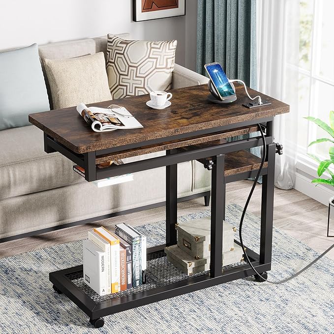 Tribesigns Small Portable Desk with Power Outlet Height Adjustable Sofa Couch Bedside Laptop Table with Wheels Mobile Standing Desk Rolling Computer Cart C Side Table with USB Ports
