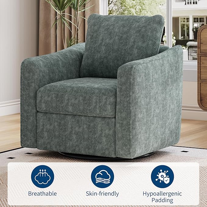 GarveeLife Accent Chair for Living Room 360° Swivel Reading Chair Modern Linen Fabric Armchair for Living Room Comfy Upholstered Single SofaChair Dark Green