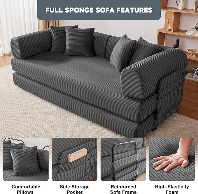79 Oversized Boneless Couch with 4 Pillows5 in 1 Convertible Sleeper Futon Sofa Bed with Deep SeatCorduroy Foldable Modular Floor Pull Out Couch for Living RoomNo AssemblyGray