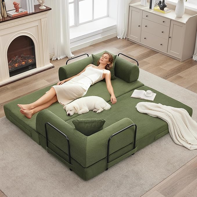 IDEALHOUSE 4 in 1 Convertible Sleeper Sofa Bed Couch 79 Inch Boneless Corduroy Floor Couch with Pillows No Assembly Modern Deep Seat Sofa Futon Mattress for Living RoomApartmentGreen