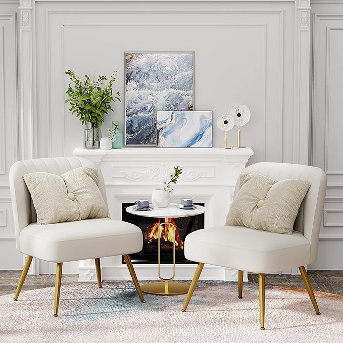 Andeworld Modern Accent Chair Set of 2 Upholstered Faux Suede Living Room Chairs Elegant Armless Cute Small Side Club Chair with Golden Legs for Bedroom-Beige