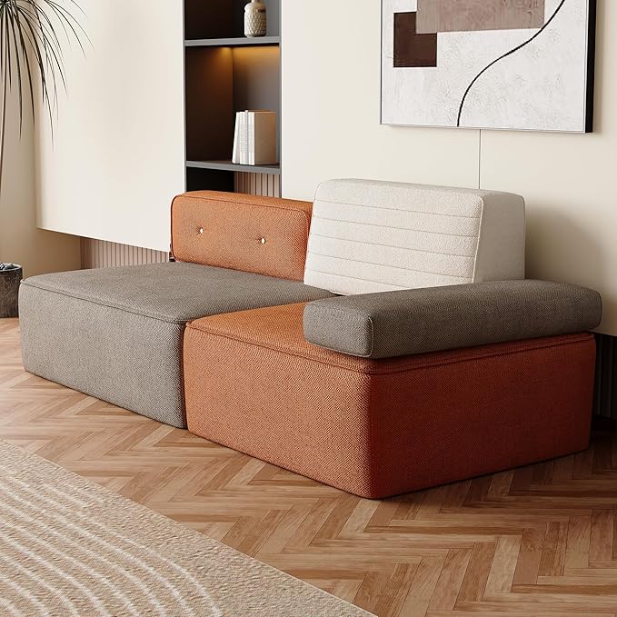 79.9 Modular Sofa Couch Modern 3-Seater Sectional with Detachable Backrest Deep Seating Comfortable Sofa for Living Room Apartment or Office Multi-Tone Beige/Brown/Orange