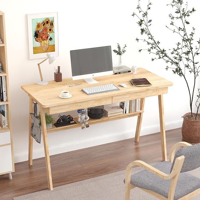 Solid Wood Desk with Drawers - 47.2 Inch Writing Desk with Drawers &amp Storage Shelf Simple Modern Study Table Home Office Computer Desks for Bedroom &amp Home Natural Boho Desks