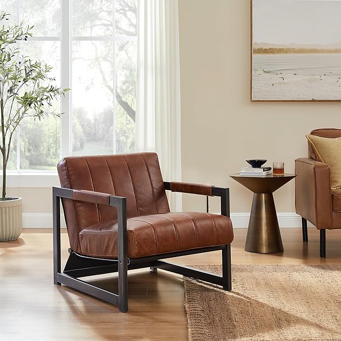 Art Leon Genuine Leather Accent Chair Mid Century Modern Arm Chair with Black Metal Frame Single Sofa Chair for Living Room Bedroom Red Brown