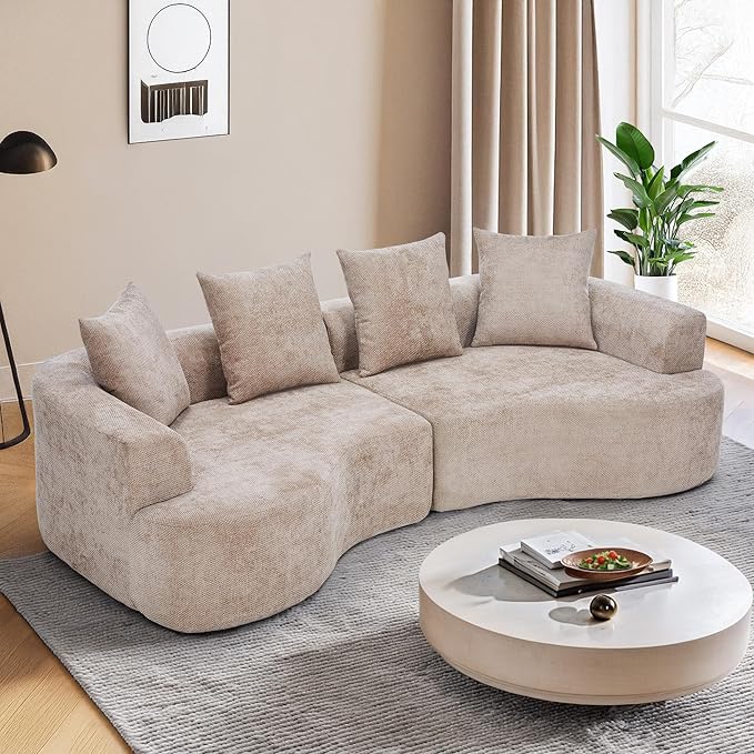 109” Curved Sectional Sofa Chenille Fabric Modular Cloud Couch No Assembly Required Half Moon Couch with Deep Seat 4 Pillows for Living Room Apartment Bedroom