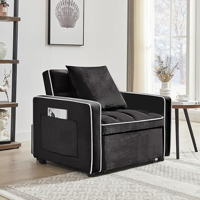 3-in-1 Futon Couch Sofa Bed Chair Convertible Sleeper Sofa with Pull-Out Bed Folding Sofa Bed with Reclining Backrest and Side Pocket Sofa Recliner Single Bed Adult Modern Chair Bed Berth (Black)