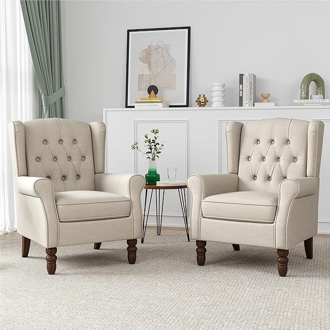 High Back Accent Chairs Set of 2 High Wingback Chair for Living Room Button-Tufted Upholstered Fabric Armchair with Solid Wood Legs Comfy Single Sofa Reading Chair for Bedroom Beige