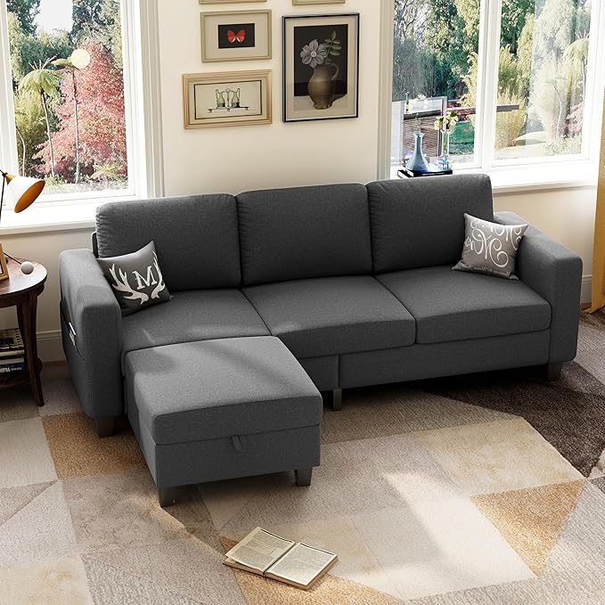 78 Sectional Sofa Couches for Living Room Dark Grey Convertible L Shaped Couch with Storage Ottoman Deep Seat Pet-Friendly Linen Fabric Sofa Set for Small Space Apartment Dorm