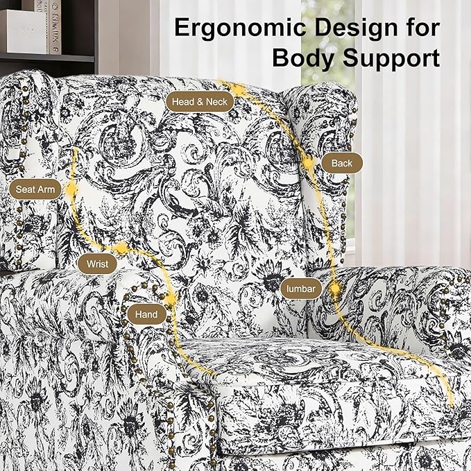 Wingback Chair High Back Floral Accent Chair in Fabric Comfy Upholstered Armchair with Nailhead Trim for Living Room Single Sofa Reading Chair for Small Spaces Bedroom-Rococo Black