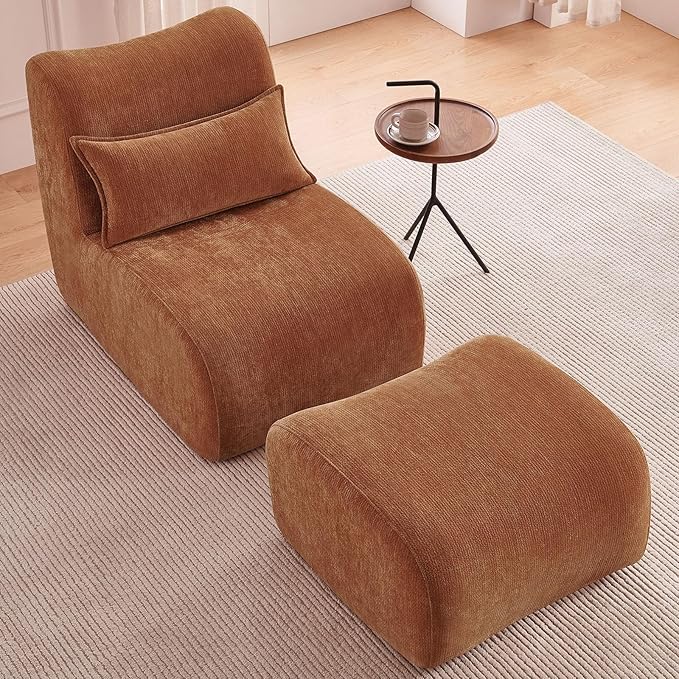 27” Oversized Lazy Sofa Chair and Ottoman Set Chaise Lounge Chair Indoor with Pillows Comfy Reading couch for Adults Suitable for Living Room Small Spaces Memory Foam Chenille (Orange-2)