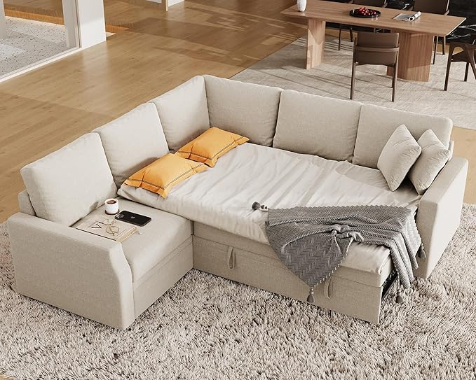 Jocisland Sofa Bed 85 Inch Sleeper Sofa with Pull Out Bed &amp Storage Seat Reversible L Shape Sectional Couch for Living Room Apartment Beige Linen Oversized Sofa