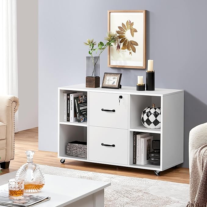 Topeakmart Mobile File Cabinet with 2 Drawers and 4 Open Storage Shelves Large Lateral Filing Cabinet Printer Stand for Home and OfficeWhite