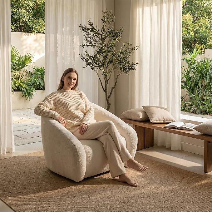 Modern Swivel Accent Chair 39 Oversized Single Sofa Chair360 Degree Swivel Barrel Chairs Upholstered Lesisure Armchair for Living Room Bedroom Cream White