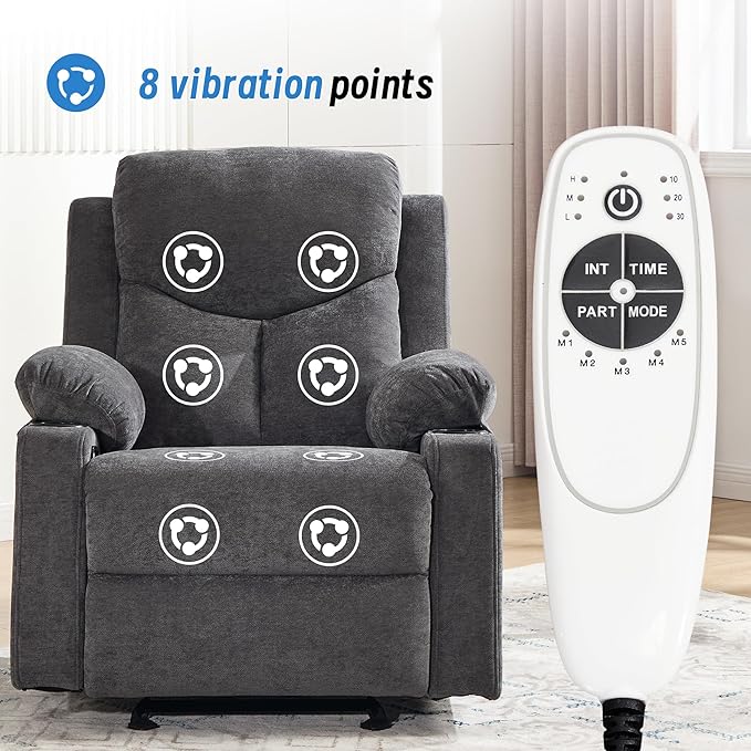 Manual Rocker Recliner Chair for Adults with Vibration MassageGlider Rocking Recliner Chairs for Living Room Bedroom Overstuffed Reclining Sofa Chair with Pockets and Cup Holds (Dark Grey)