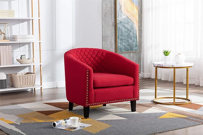 Accent Barrel Chair Living Room Chair with Nailheads and Solid Wood Legs Red Linen