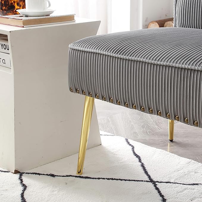 Modern Upholstered Pleated Velvet Accent Chair Tufted Dining Office Chairs Armless Slipper Chair Mid-Century Side Chair Single Luxury Sofa Chair with Golden Legs for Living Room Small SpaceGrey
