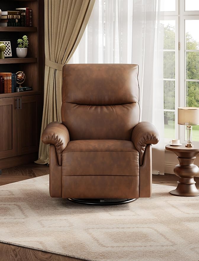 Manual Recliner Chair for Adults PU Leather Swivel Rocker Recliner with Padded Armrests Modern Upholstered Reclining Chair for Living Room or Nursery Orange