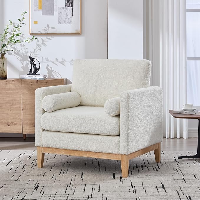 35.4 Modern Boucle Accent Chair with Deep Seat Oversized Wooden Upholstered Armchair Single Sofa Lounge Reading Chairs Large Accent Chair for Living Room/Bedroom/Office (Ivory &amp Style 1)