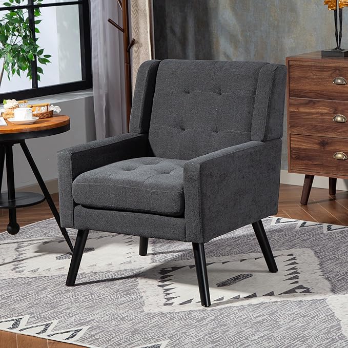 Mid-Century Modern Accent Chair Plush Linen Fabric with Button Tufted High Back &amp 5 Thick Cushion High Comfort Reading Chair for Living Room Bedroom Office (Dark Gray)