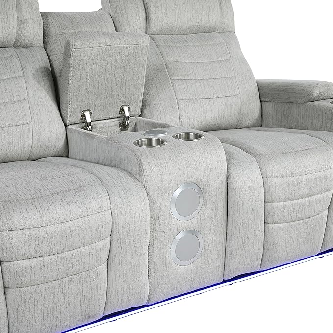 Lexicon Wall Hugger Manual Double Reclining Loveseat with Console Microfiber Home Theater Seating with Cup Holders/Hidden Arm Storage/Wireless Speakers/LED Base Lighting for Living Room Light Gray