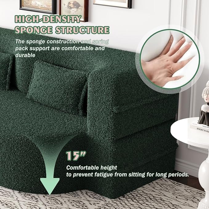 78 Teddy Folding Floor Sofa Couch BedConvertible Folding Sofa Bed Full Size Love Seat Sleeper Bed with 2 Pillows for Living Room Apartment Office (Green)